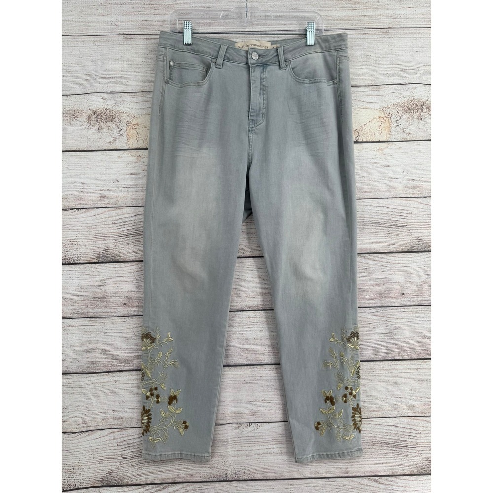 Soft Surroundings Jeans Womens 14P Grey Floral Embroidered Ankle Cropped Denim